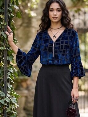 Frank Lyman Whimsigoth Dark Romance Burnout Velvet Bell Sleeve Rhinestone Top